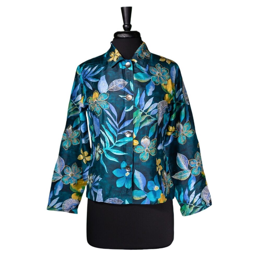 Chico's Women's Jacket Multicolor Floral Silk Embroidered Button Pockets 0 S/4